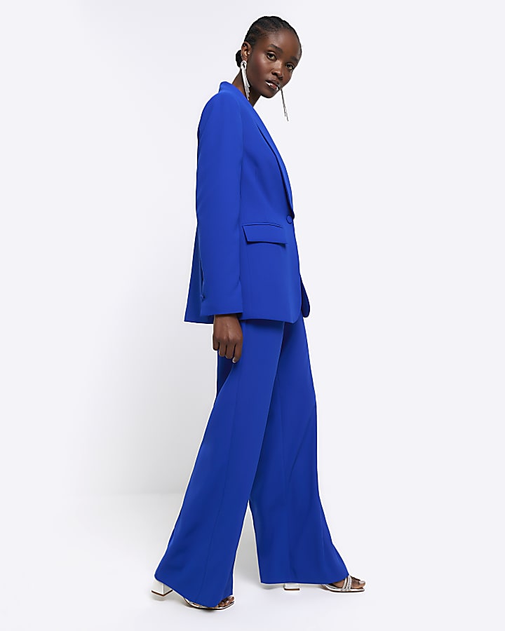 Blue pleated wide leg trousers
