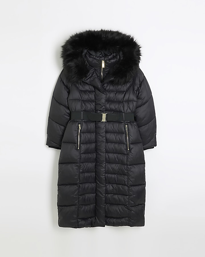 Petite black belted padded longline jacket