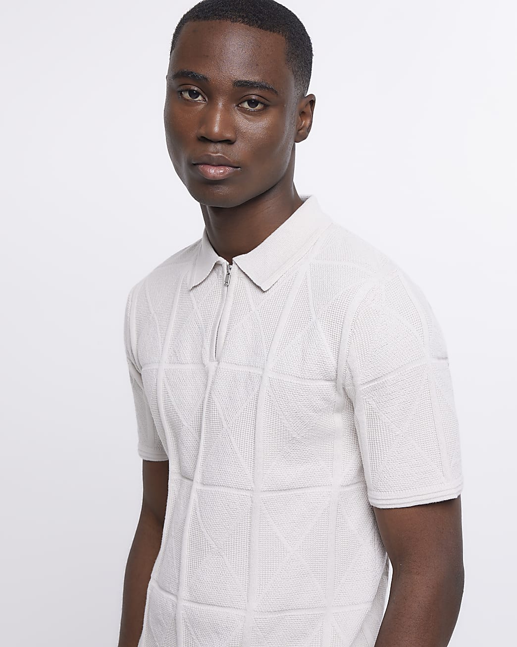 Stone slim fit diamond stitch zip polo shirt