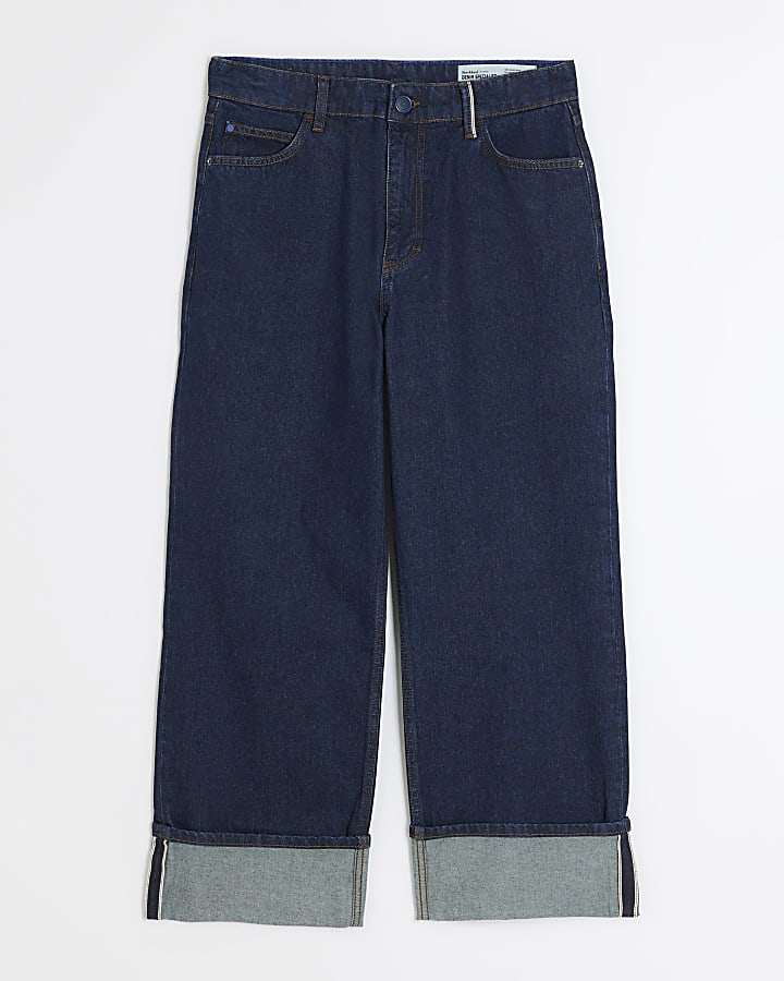 Blue high waisted wide leg turn up jeans