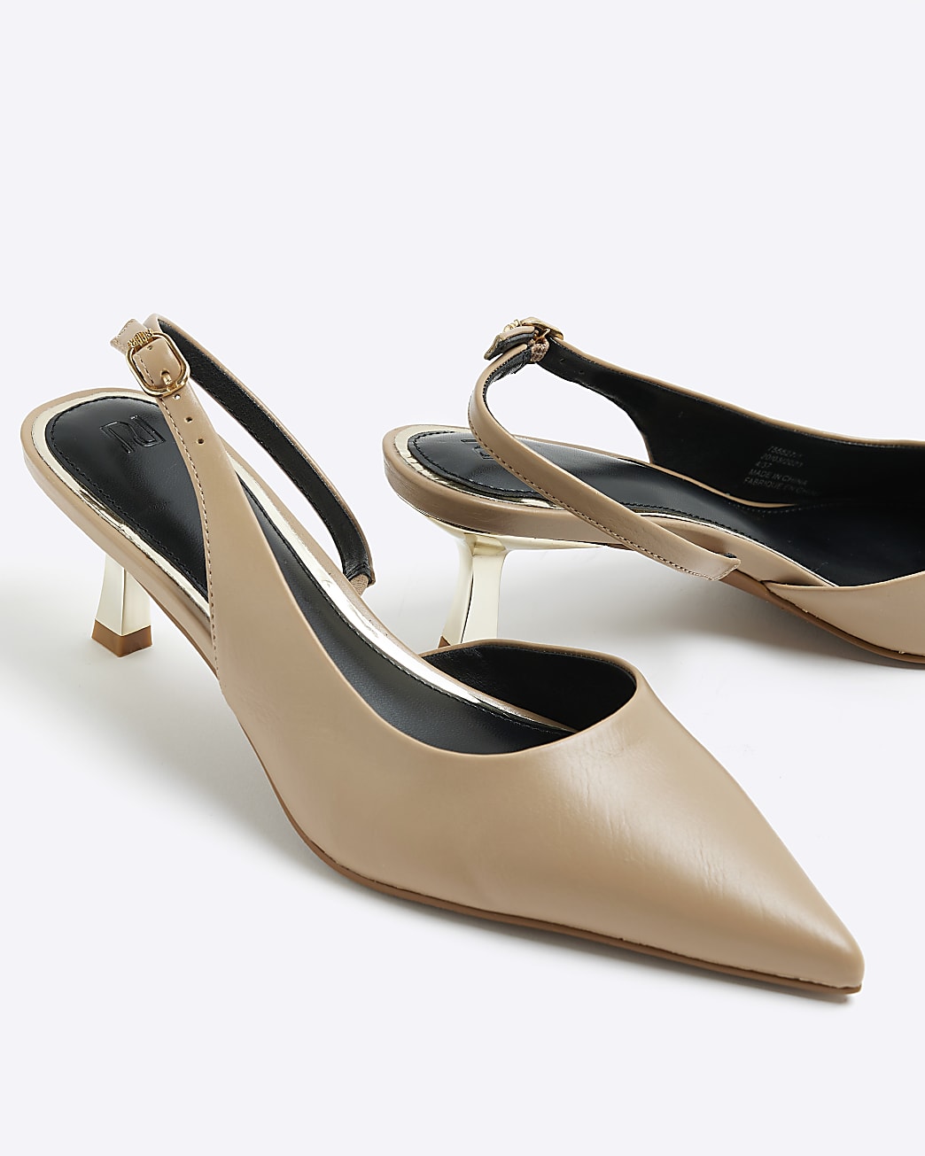 Beige pointed toe kitten heel court shoes