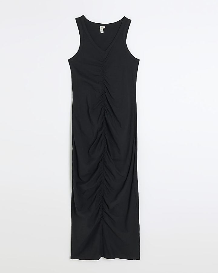 Black Ruched Front Sleeveless Midi Dress