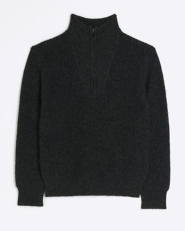 Grey slim fit soft rib half zip jumper