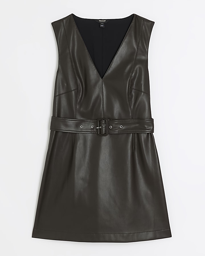 Petite brown faux leather swing mini dress