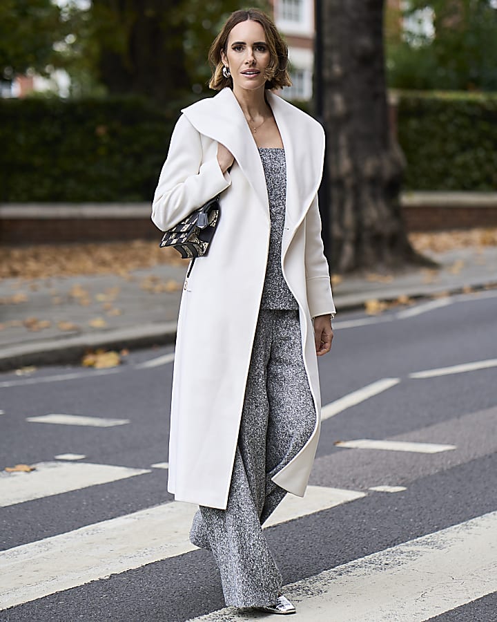 Cream belted wrap longline coat