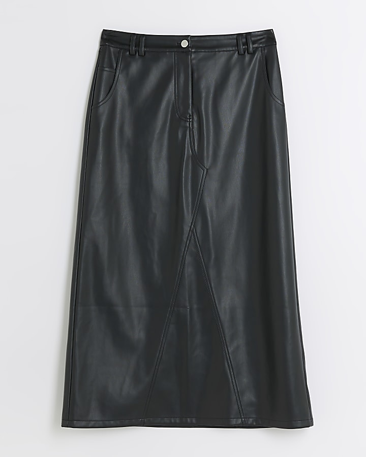 Black faux leather midi skirt