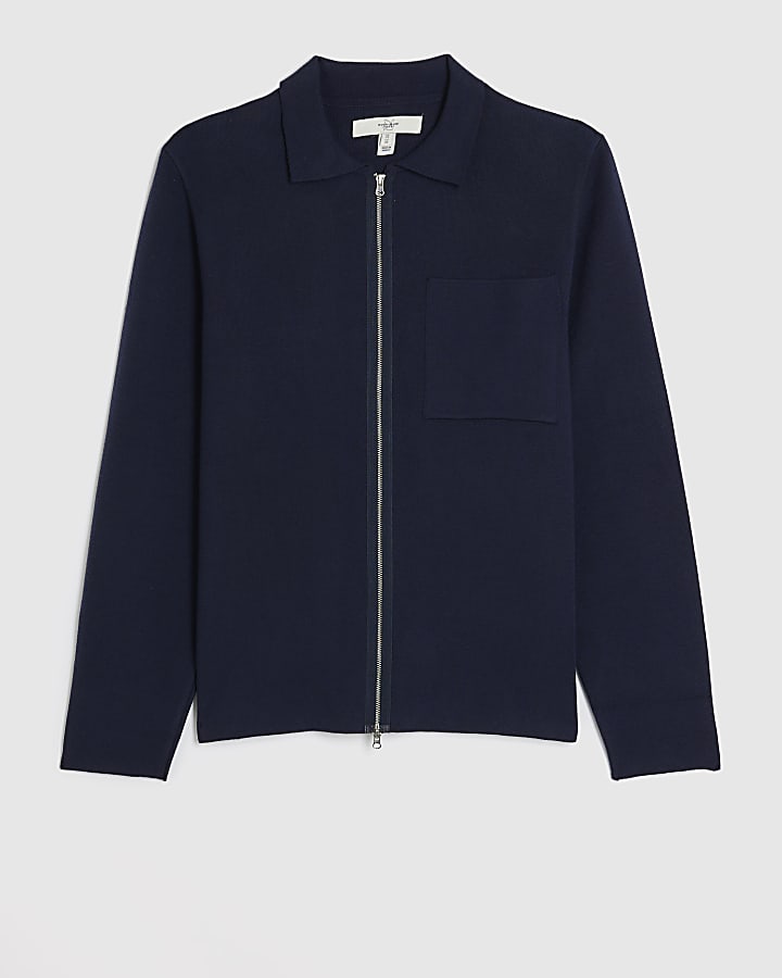 Navy slim fit knitted zip up cardigan