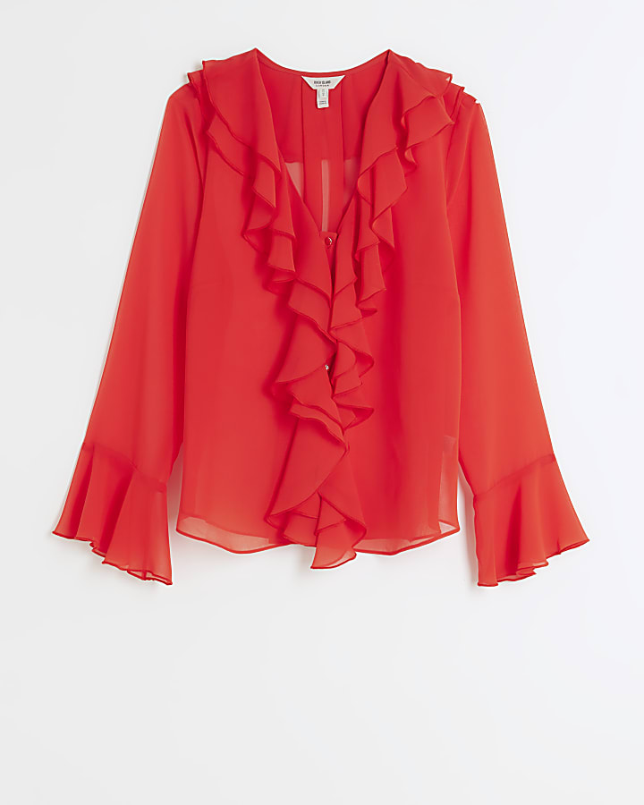 Red chiffon frill blouse