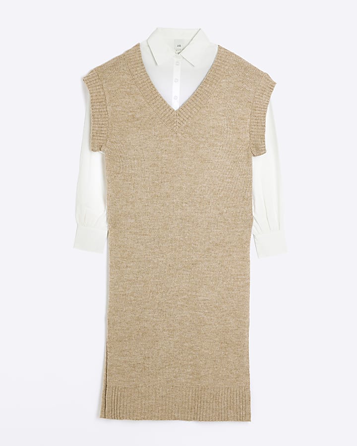 Beige knitted hybrid jumper midi dress