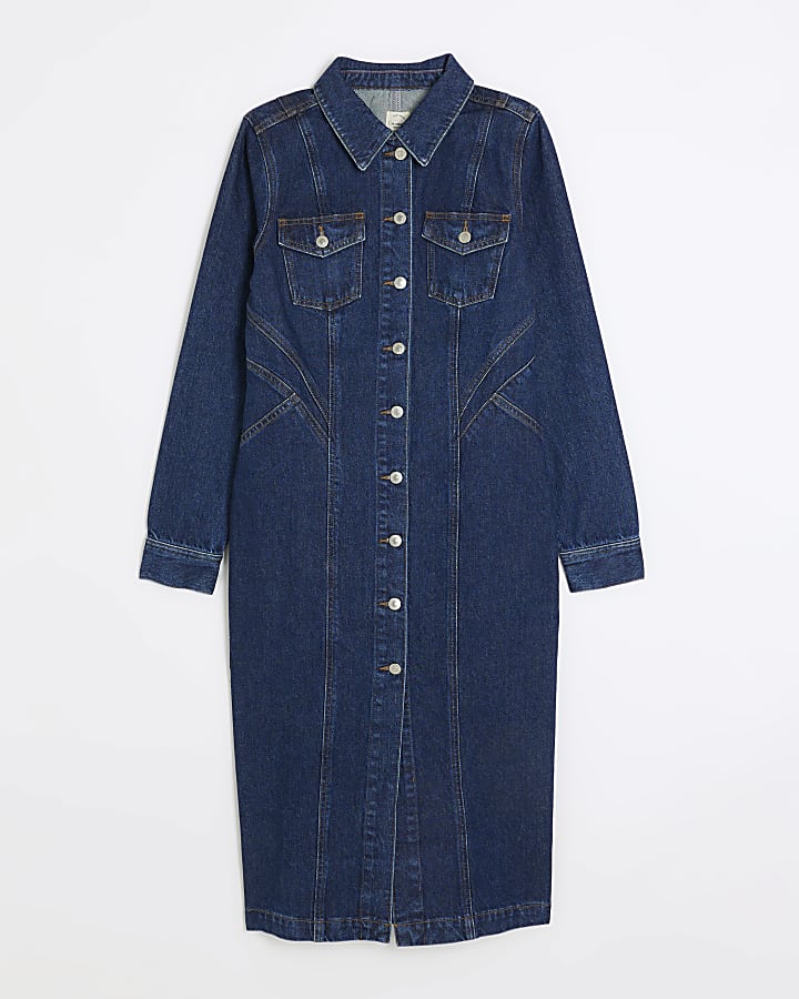 Blue denim midi shirt dress