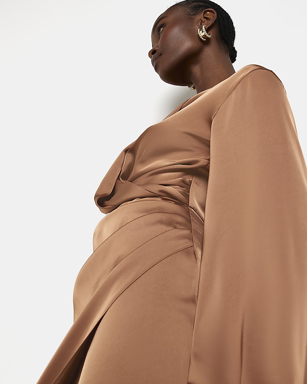 Bronze satin wrap midi dress