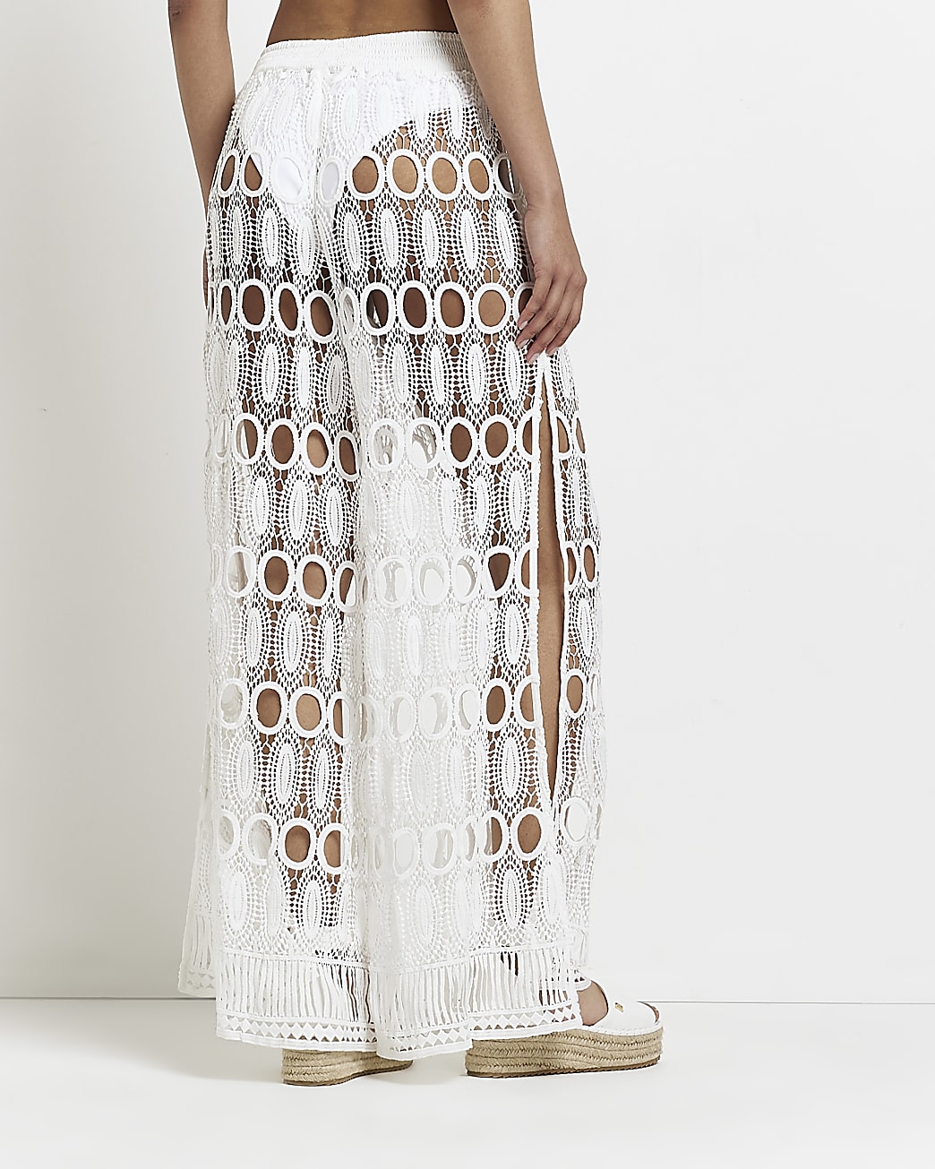 White lace split hem flared trousers