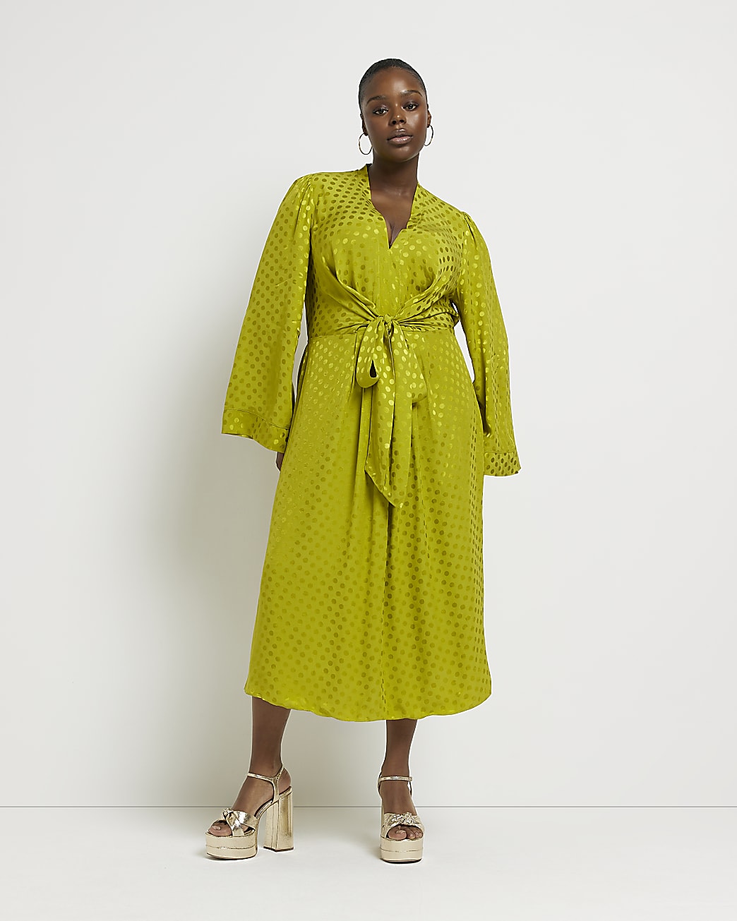 Plus green spot satin swing midi dress