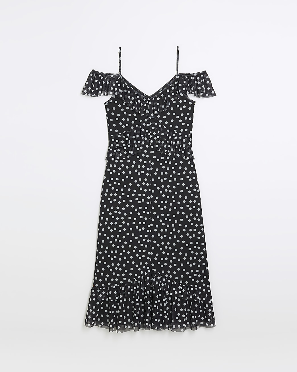 Black mesh spot frill midi dress