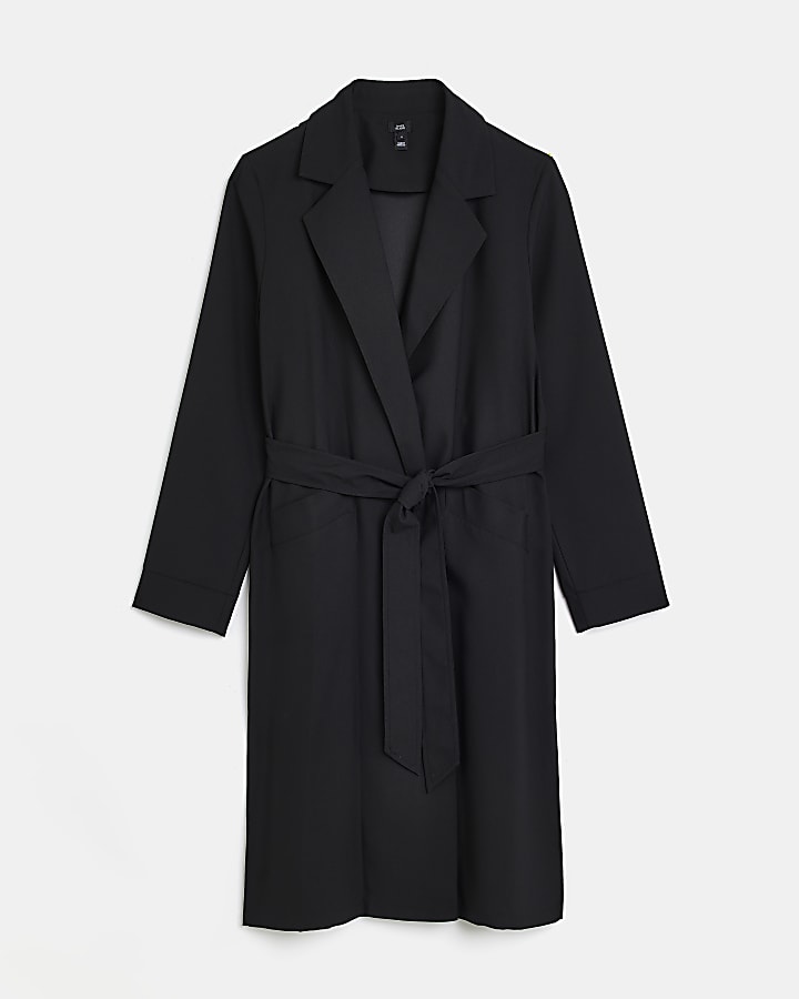 Black satin tie waist duster coat