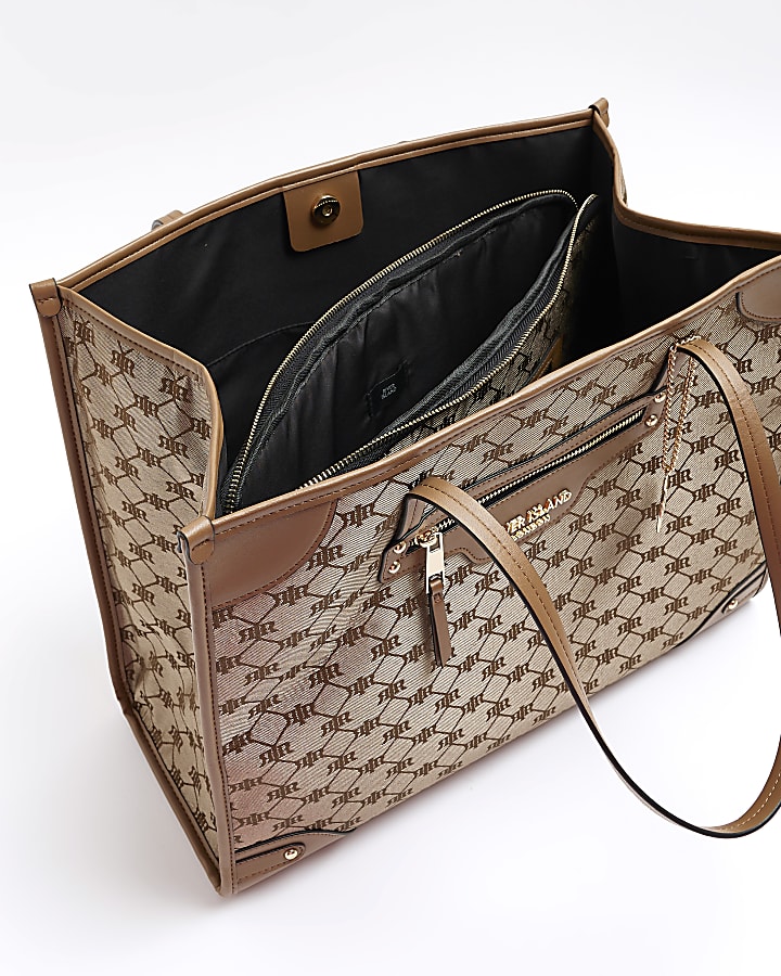 Beige jacquard shopper and laptop case bundle