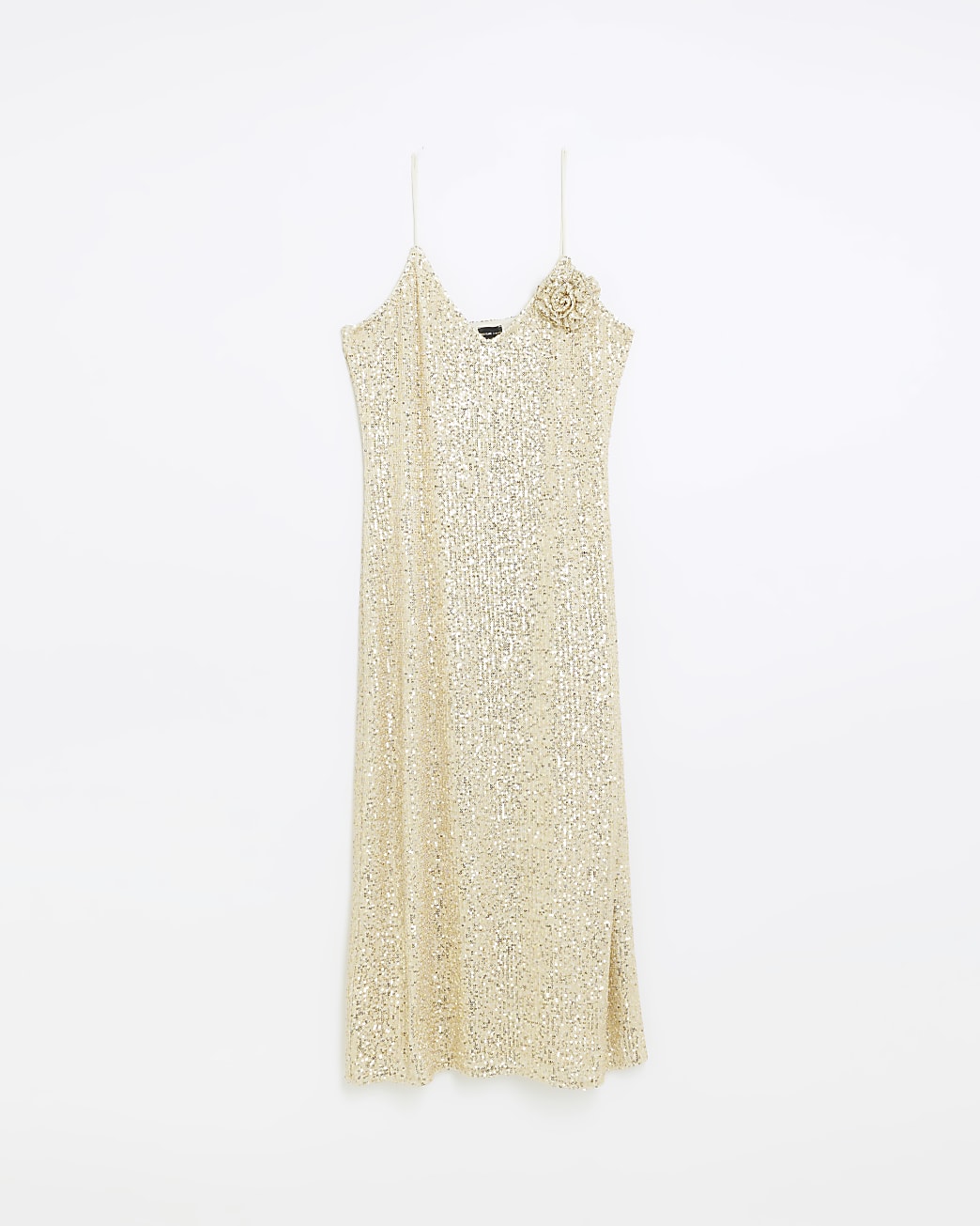 Gold sequin corsage slip midi dress