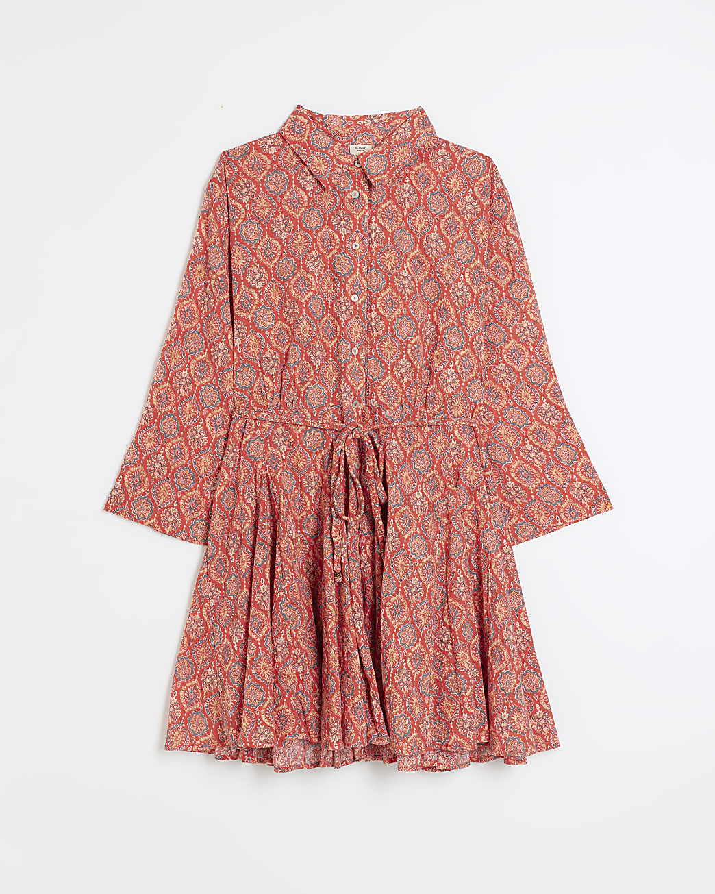 Red patterned tie waist mini shirt dress