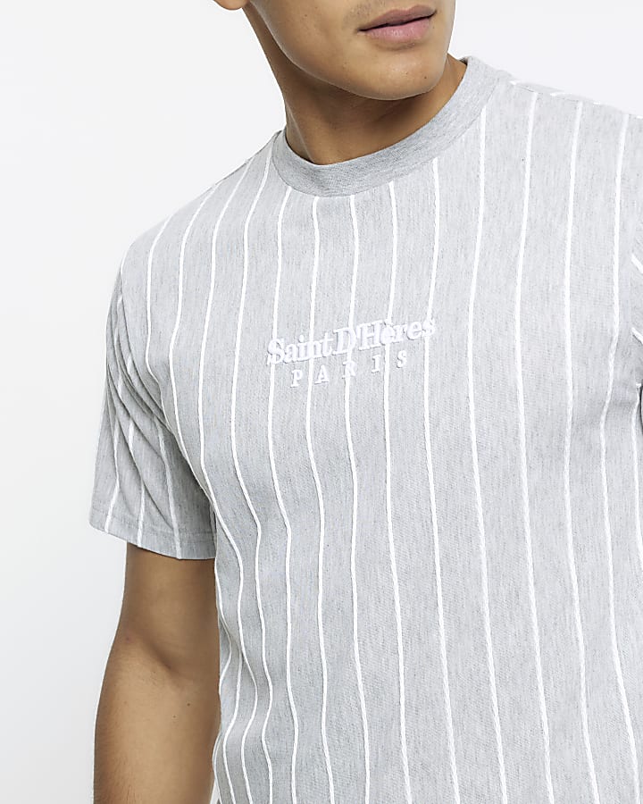 Grey slim fit striped embroidered t-shirt
