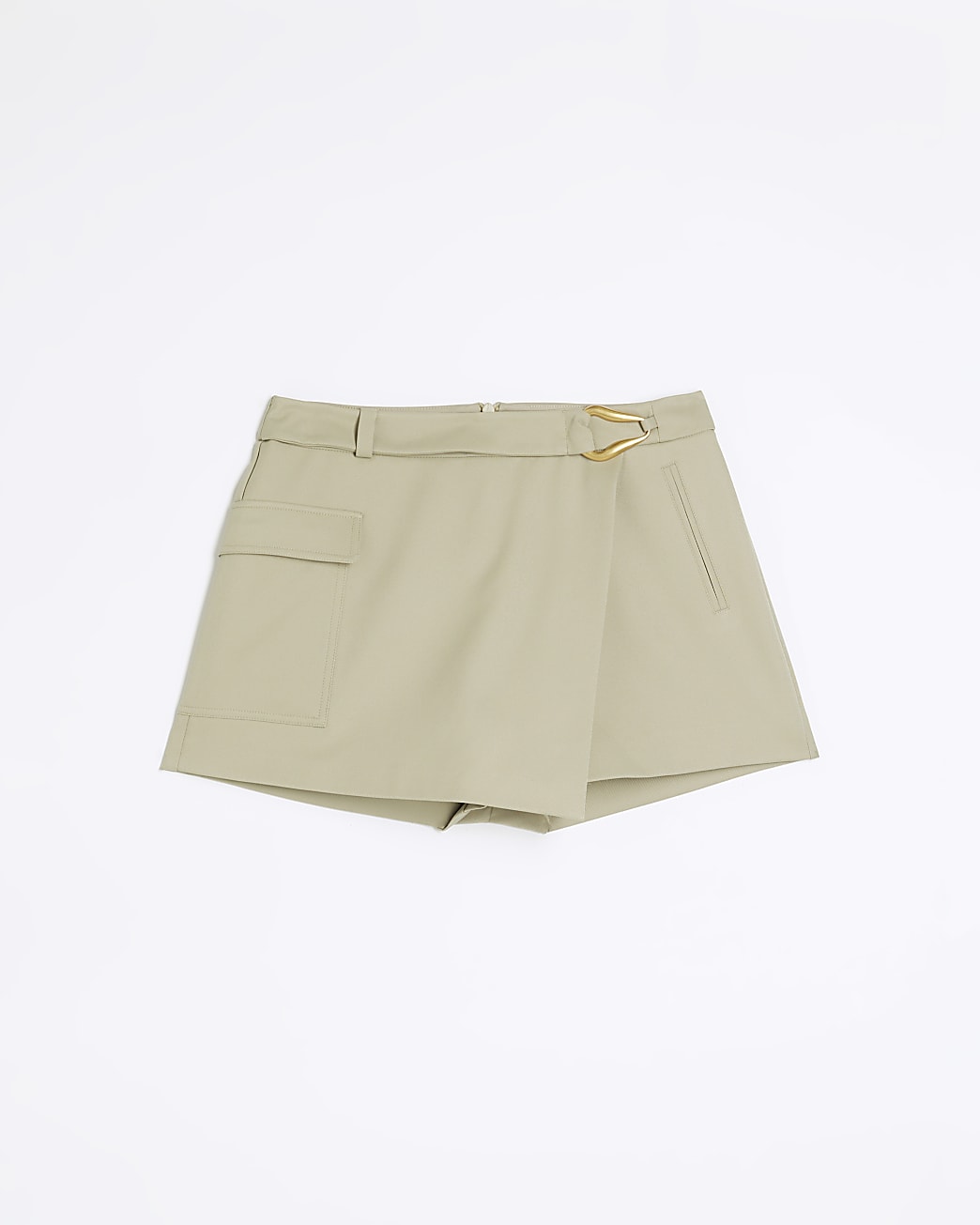 Khaki asymmetric belted cargo skort