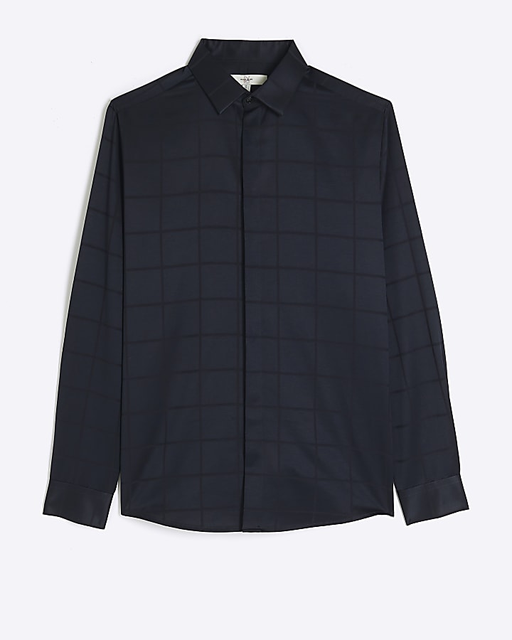 Navy slim fit sateen check smart shirt