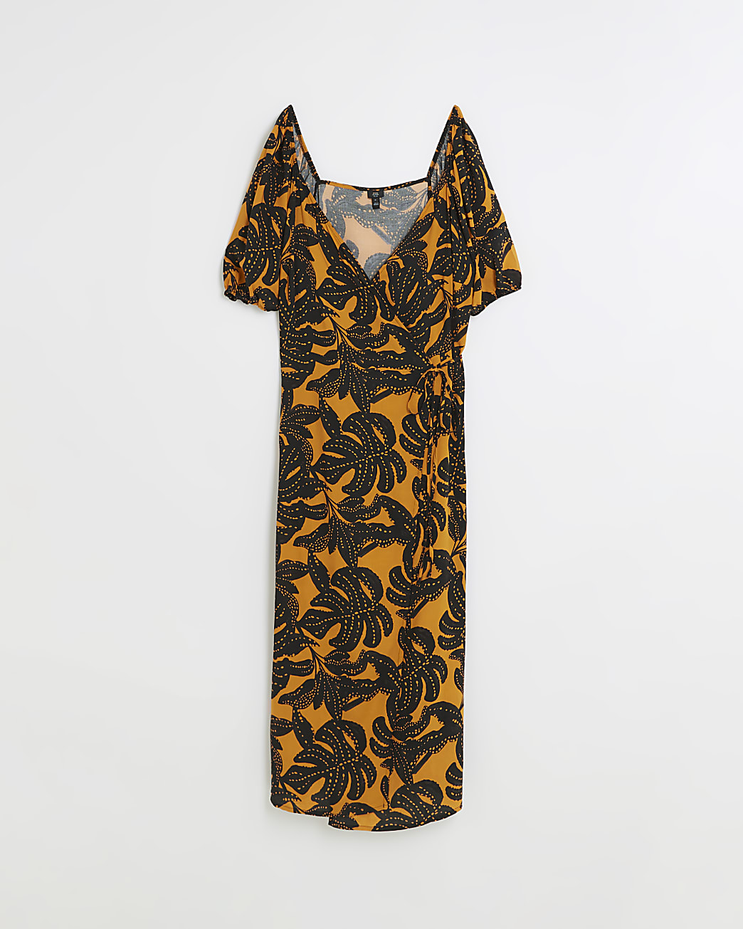 Plus orange leaf print wrap midi dress