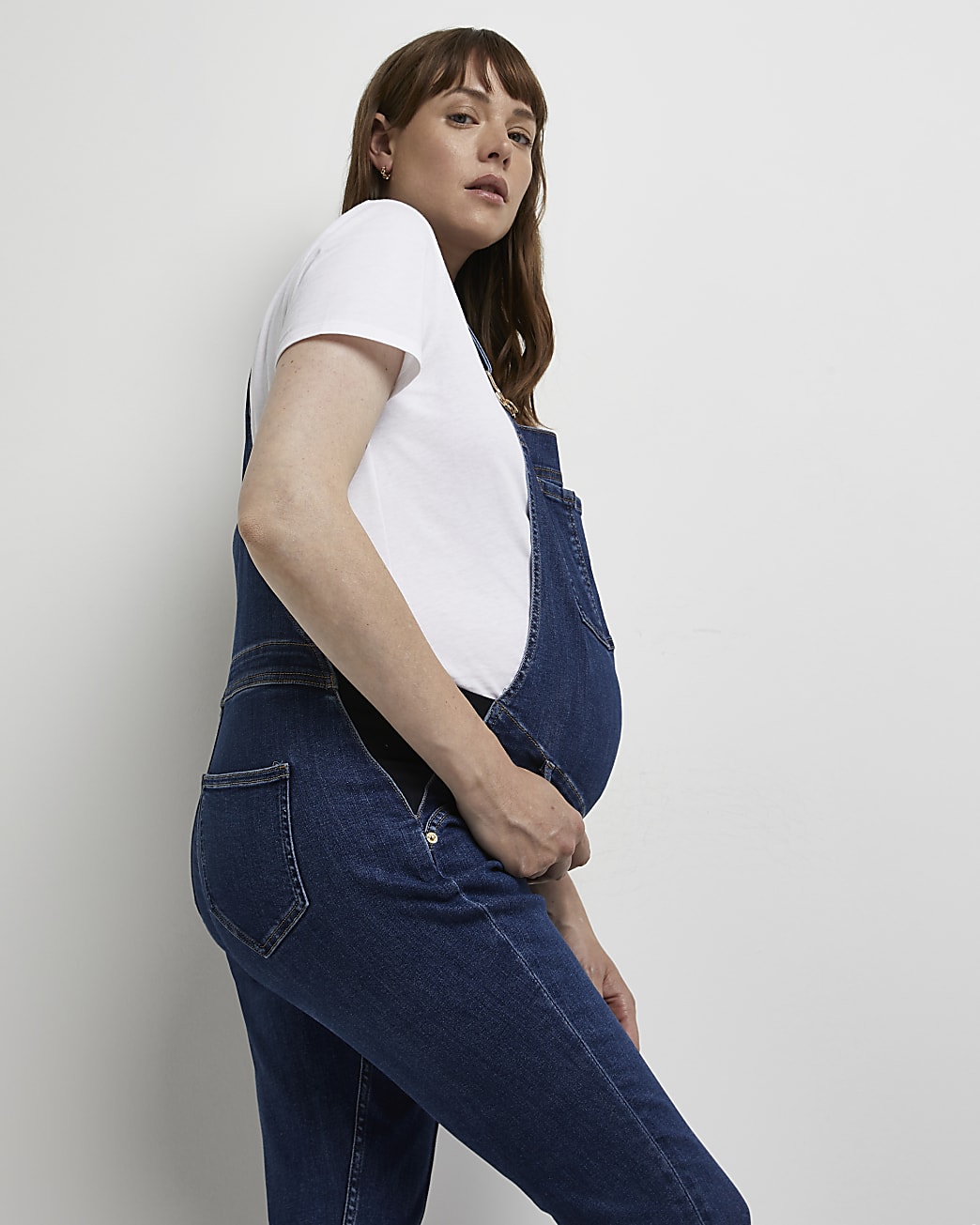 Blue denim maternity dungarees