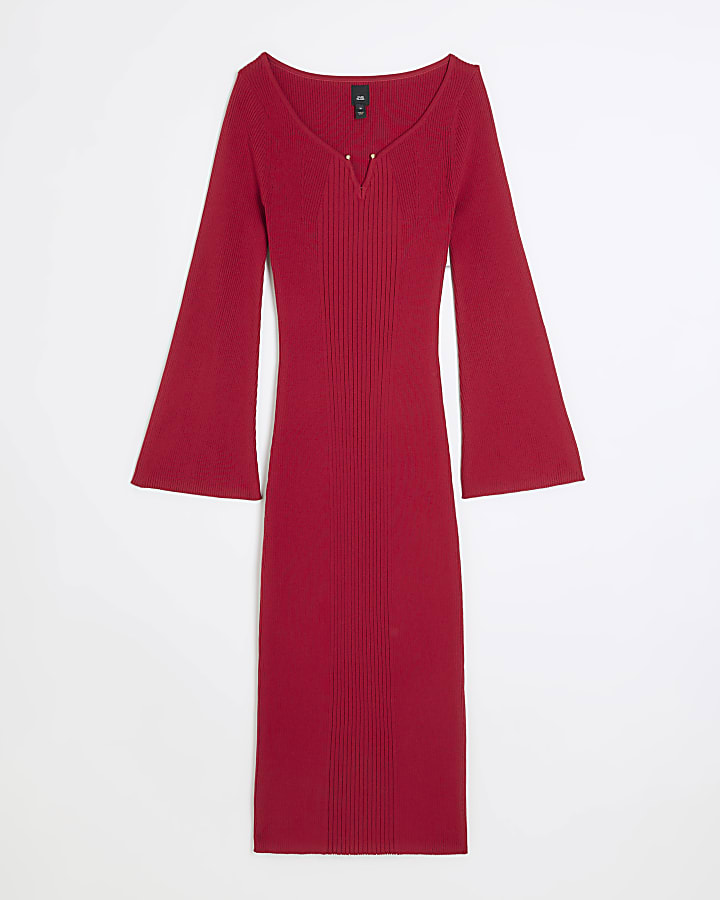 Red rib long sleeve bodycon midi dress