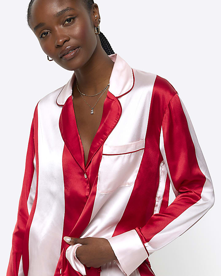 Red satin stripe pyjama shirt