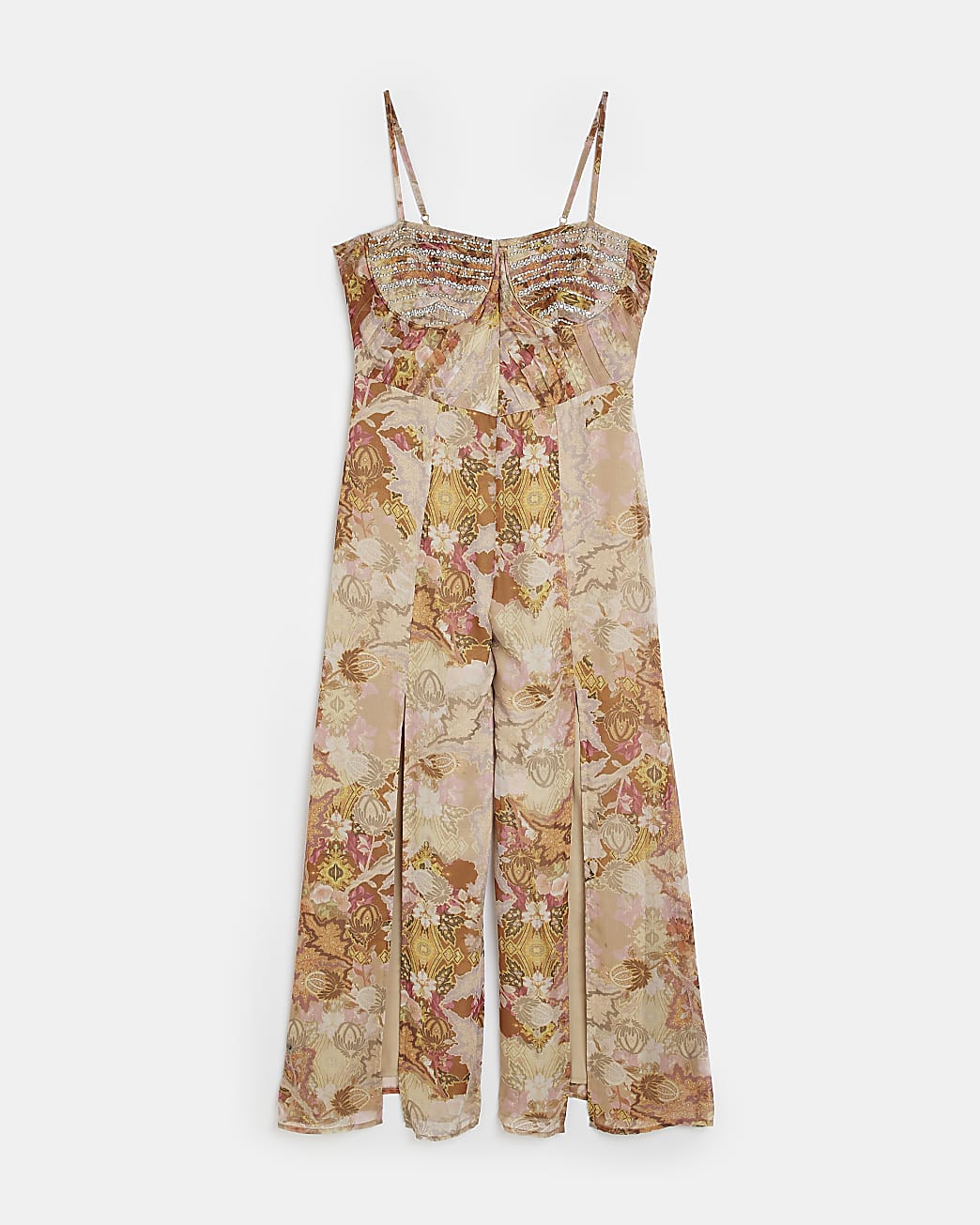 Beige print embellished jumpsuit