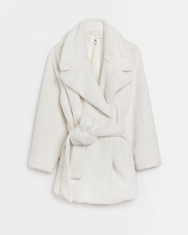 Plus cream faux fur belted coat