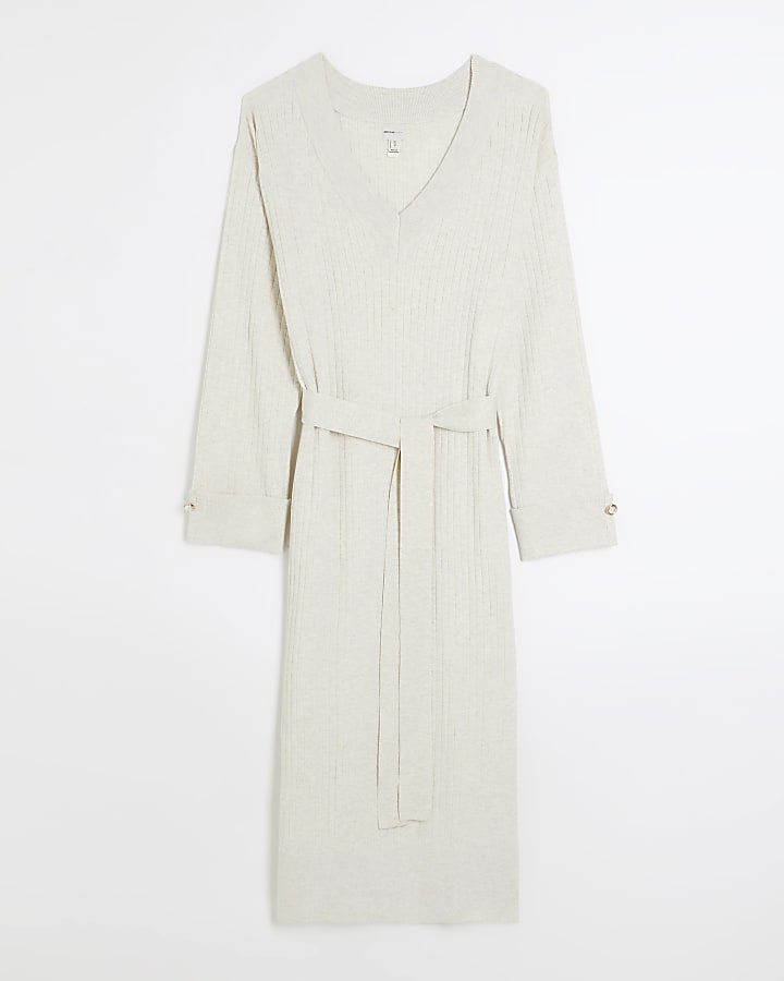 Cream knitted belted jumper midi dress