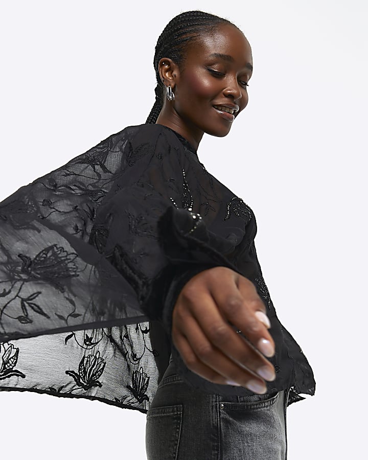 Black embellished cape top