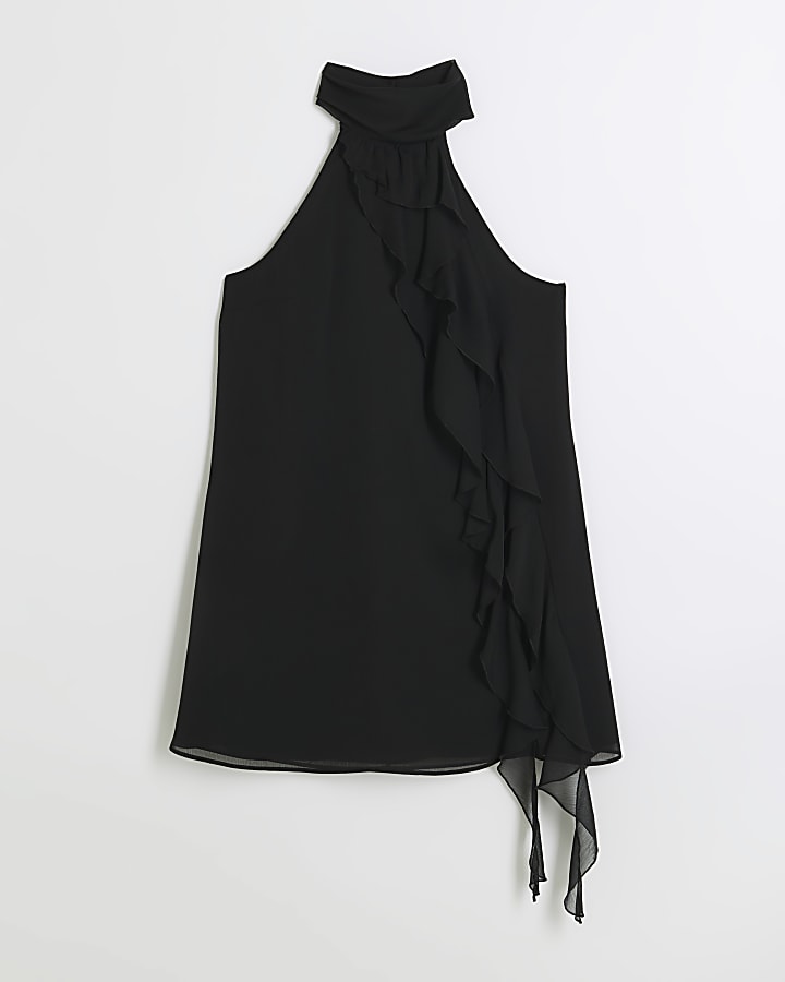 Black frill halter neck shift mini dress