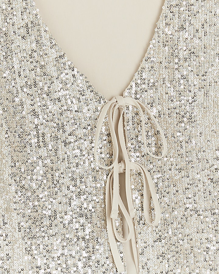 Silver sequin tie front waistcoat