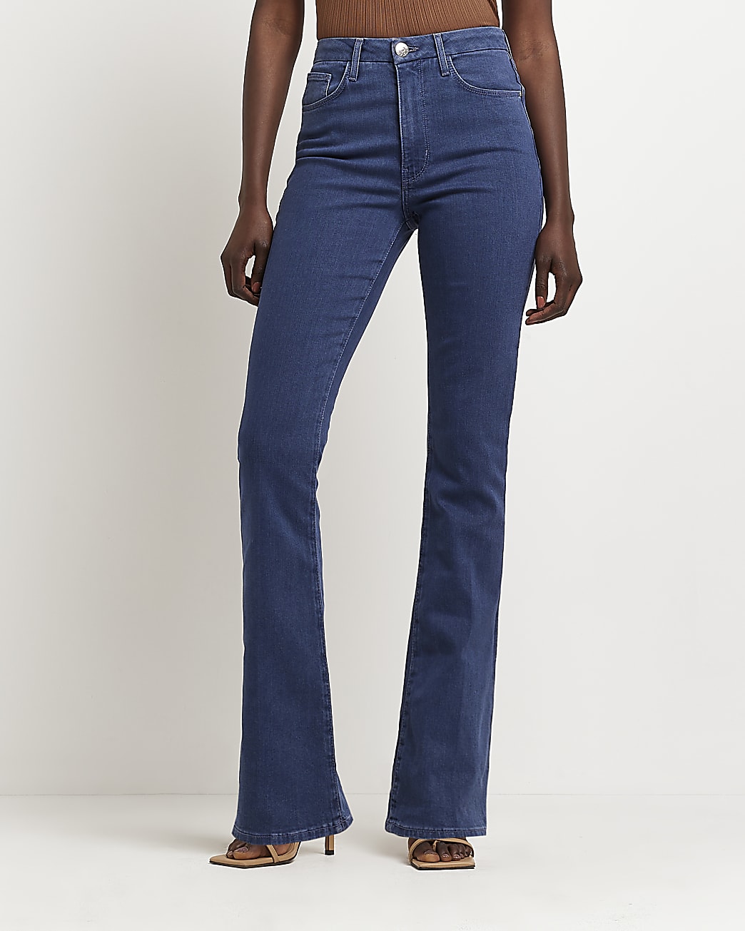 Blue mid rise flared jeans