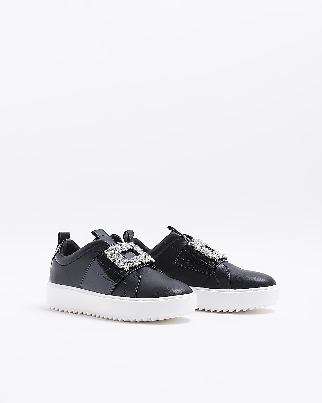Black wide fit embellished buckle trainers