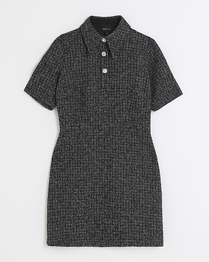 Black boucle check mini shirt dress