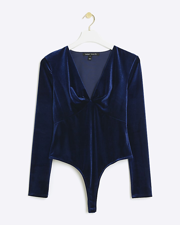 Blue velvet plunge bodysuit