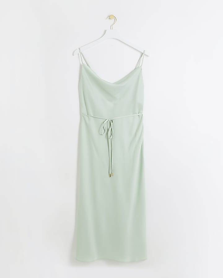 Green satin cowl neck slip midi dress
