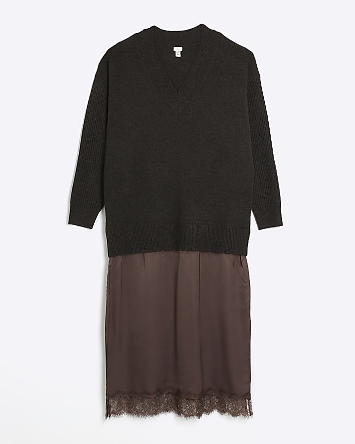 Brown satin jumper midi dress