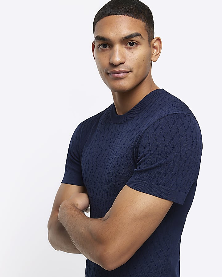 Navy Muscle Fit Diamond Stitch T-shirt