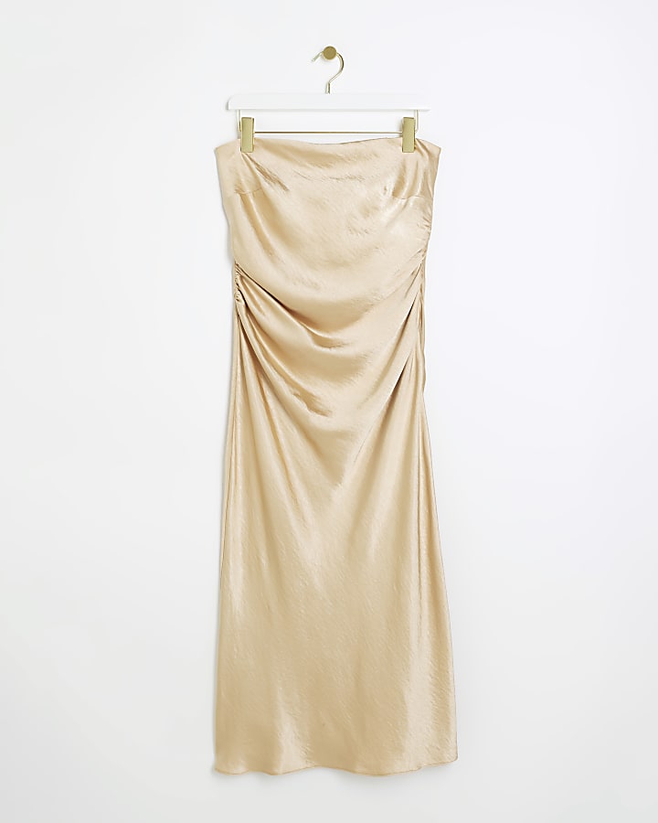 Gold ruched bandeau slip midi dress