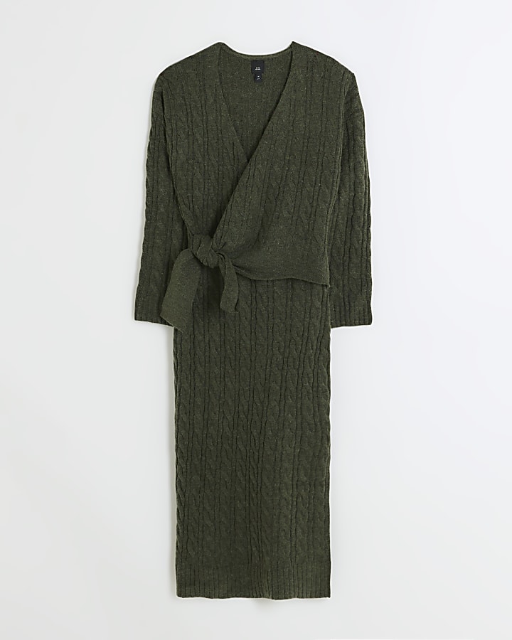 Khaki cable knit wrap jumper midi dress