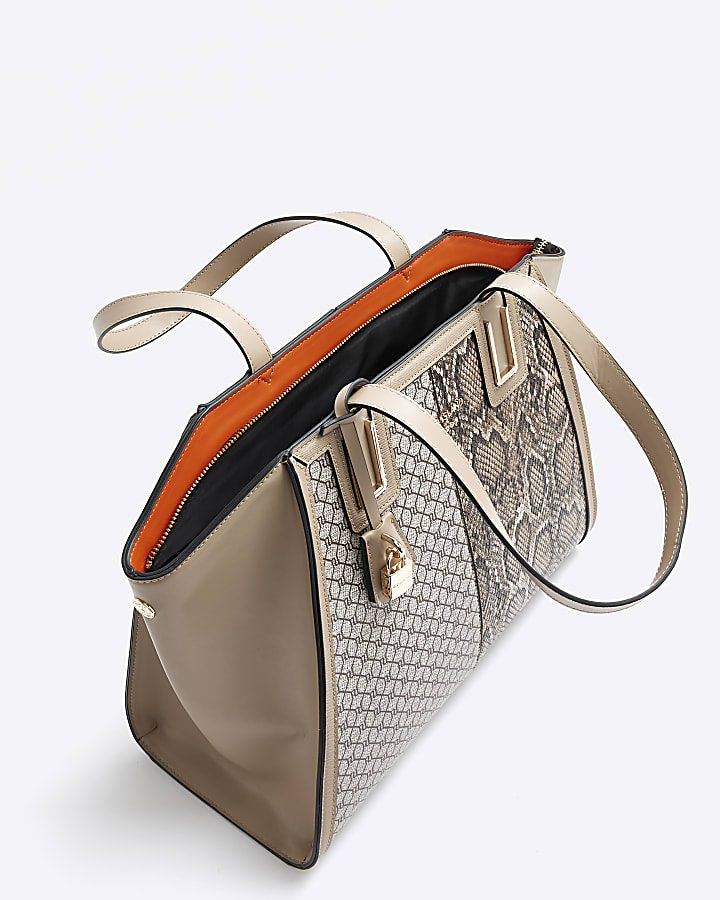 Beige animal print tote bag and purse