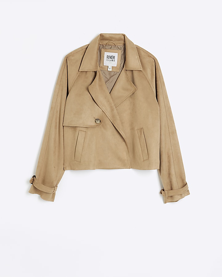 Brown faux suede crop trench jacket