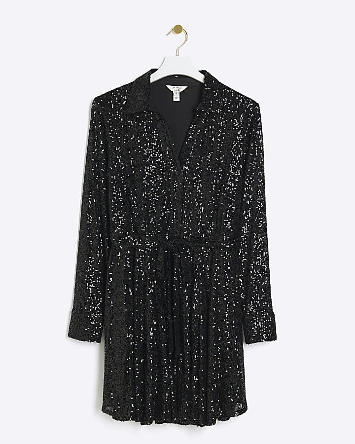 Black sequin tie waist mini shirt dress