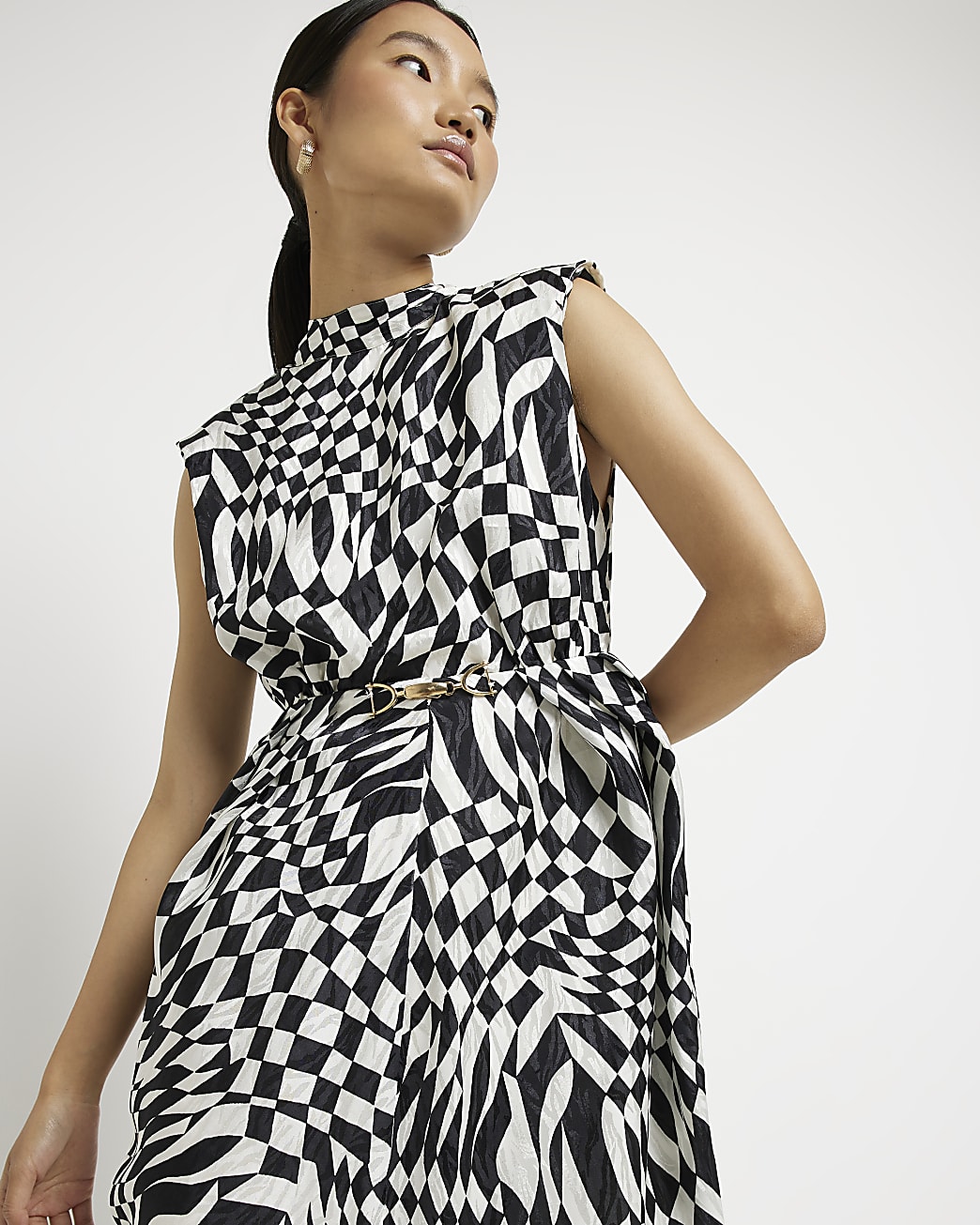 Black check satin shift midi dress