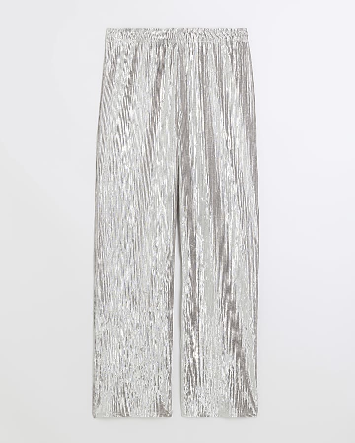 Silver Velvet Plisse Wide Leg Trousers