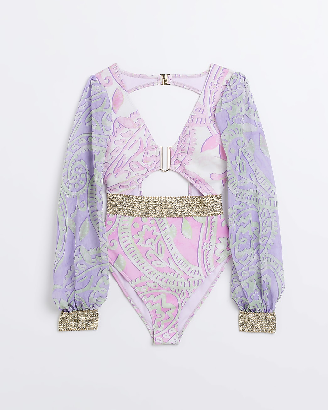Purple printed plunge cut out swimsuit